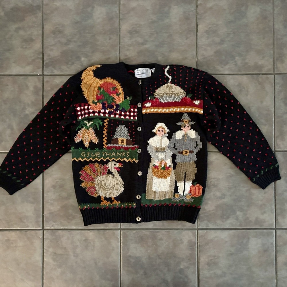 Northern Isles Thanksgiving Pilgrims Turkey Fall Hand Knit Cardigan Sweater L